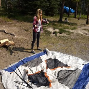 Larissa Bodniowycz setting up Camp at Tunnel Mountain Campground 2, Banff Canada