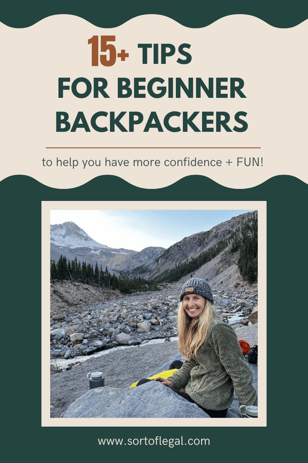 Title Image - 15+ Tips for Beginner Backpackers - Larissa B in beanie with Mt Hood in background